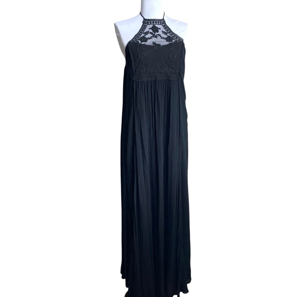 ABERCROMBIE FITCH Y2K Halter Lace Maxi Dress Black XS Oversized Fairy Boho Goth - Picture 3 of 11